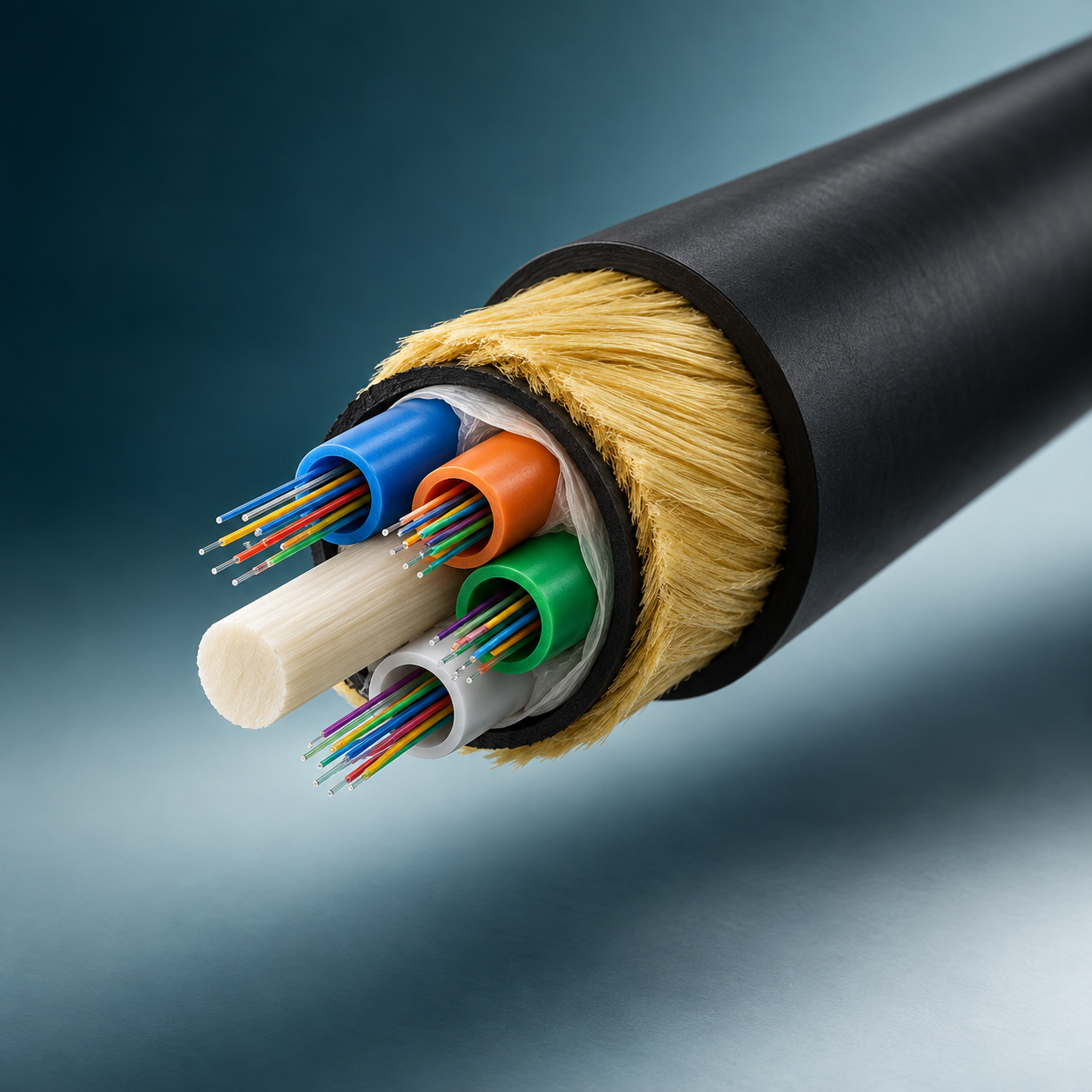 Illustrative ADSS cutaway showing loose tubes, aramid yarn and a non-metallic central member; not an order-specific drawing