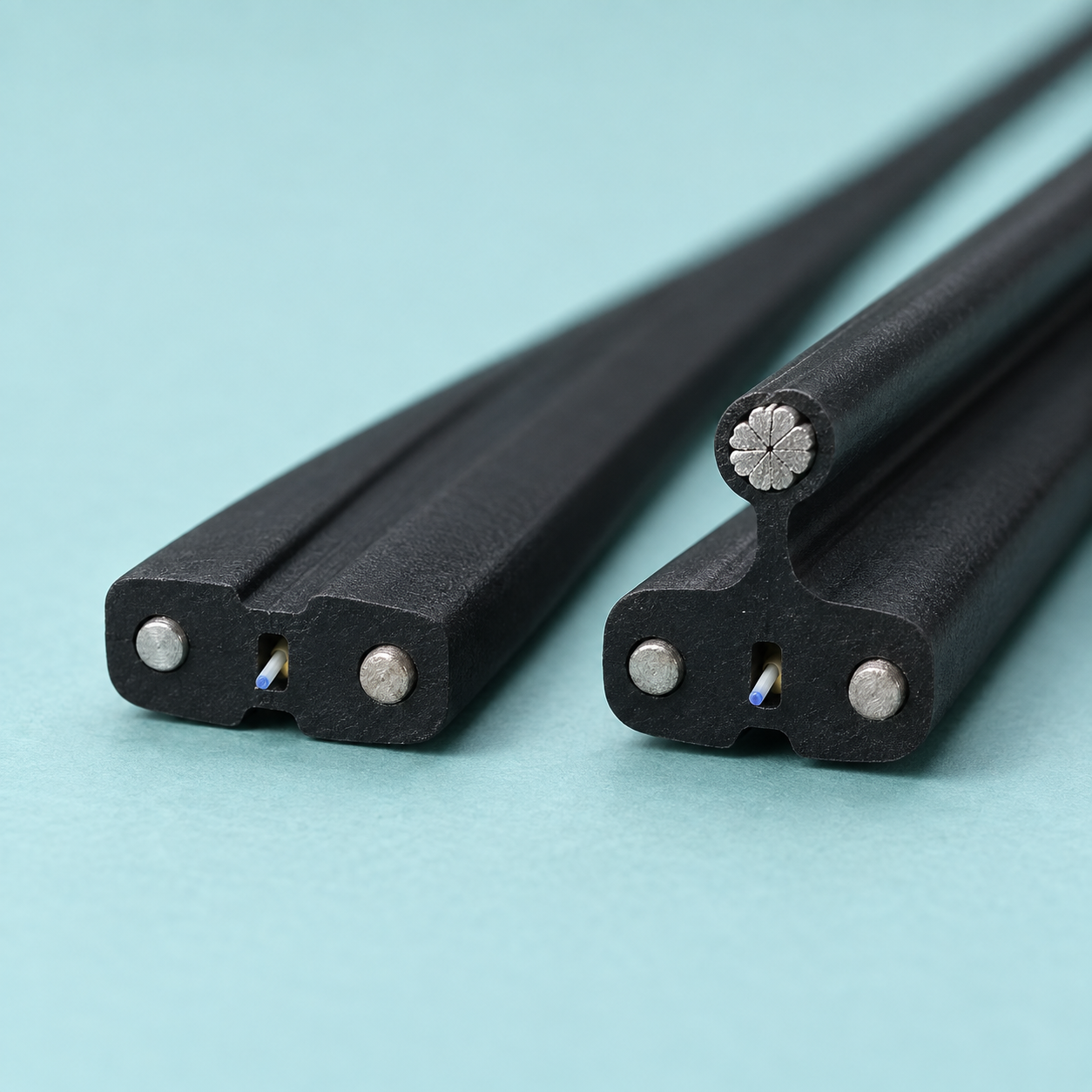Illustrative indoor bow-type and aerial drop cables, with a separate supporting messenger on the aerial version