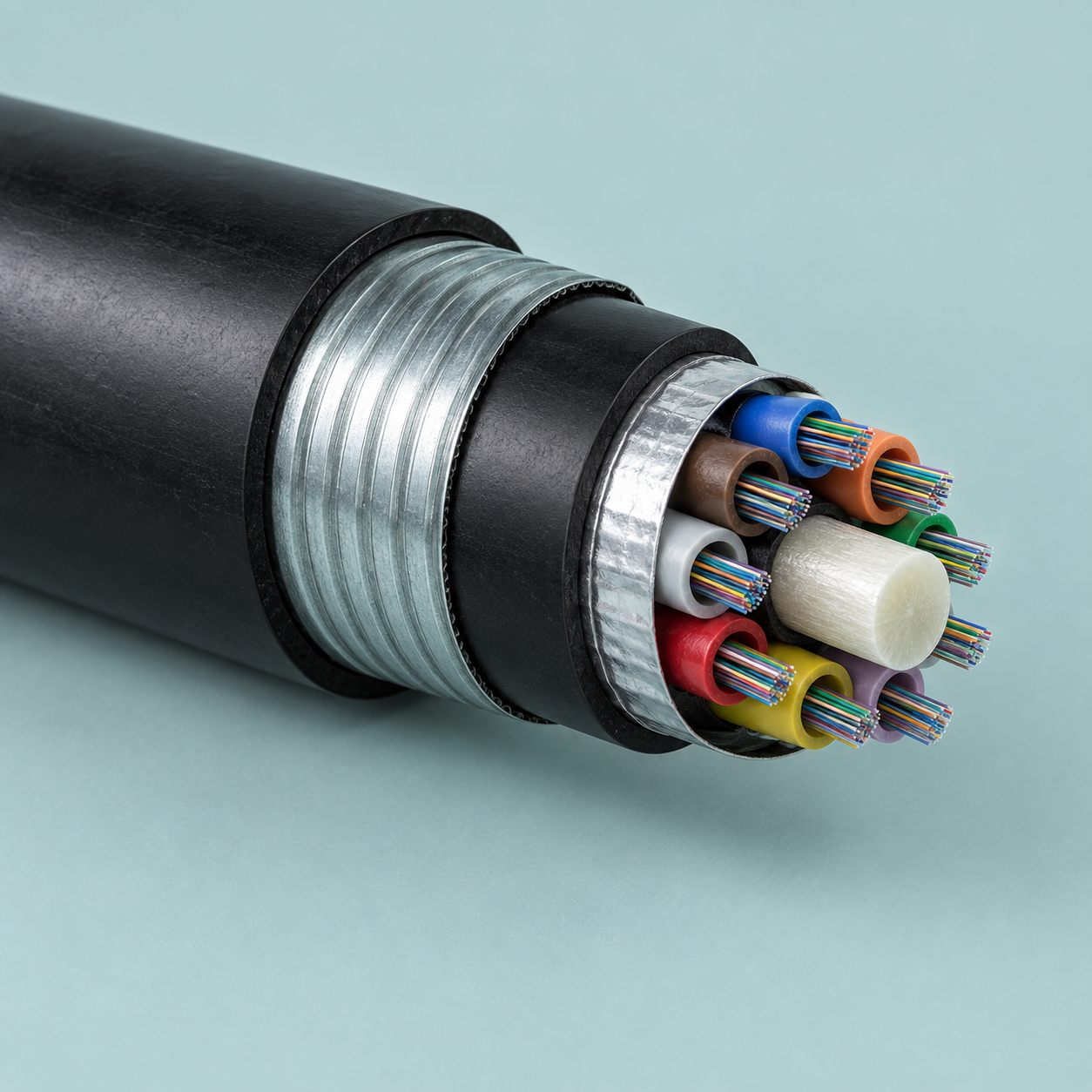 Illustrative GYTA53-style cutaway showing outer sheath, steel tape, inner sheath and an aluminum barrier; not an order-specific drawing